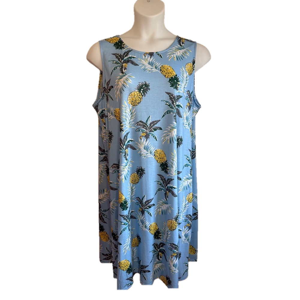 Amzplus Sleeveless Blue Pineapple Print Midi Dress NWOT Size 3XL SKU0422